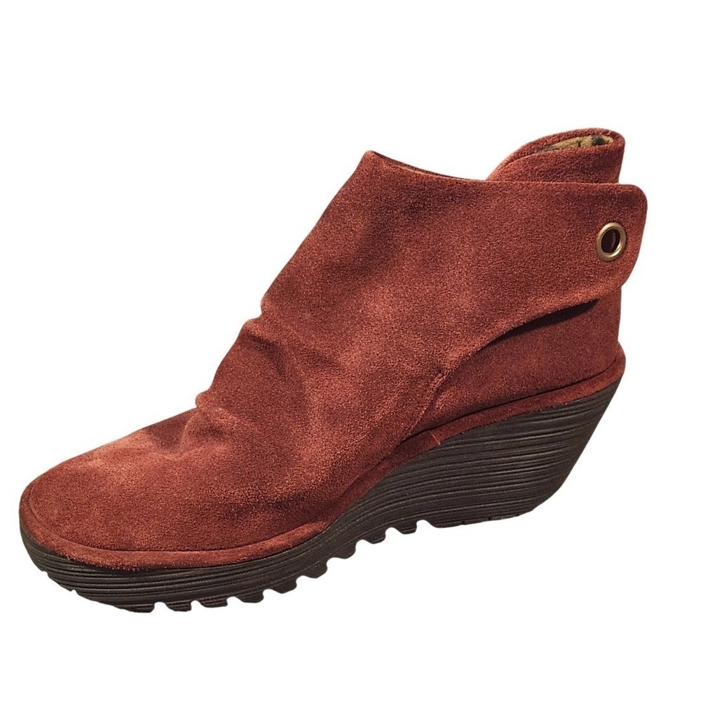 FLY London Yama Suede Wedge Ankle Back Lace Corset Boots Womens Size 8.5 EU 39